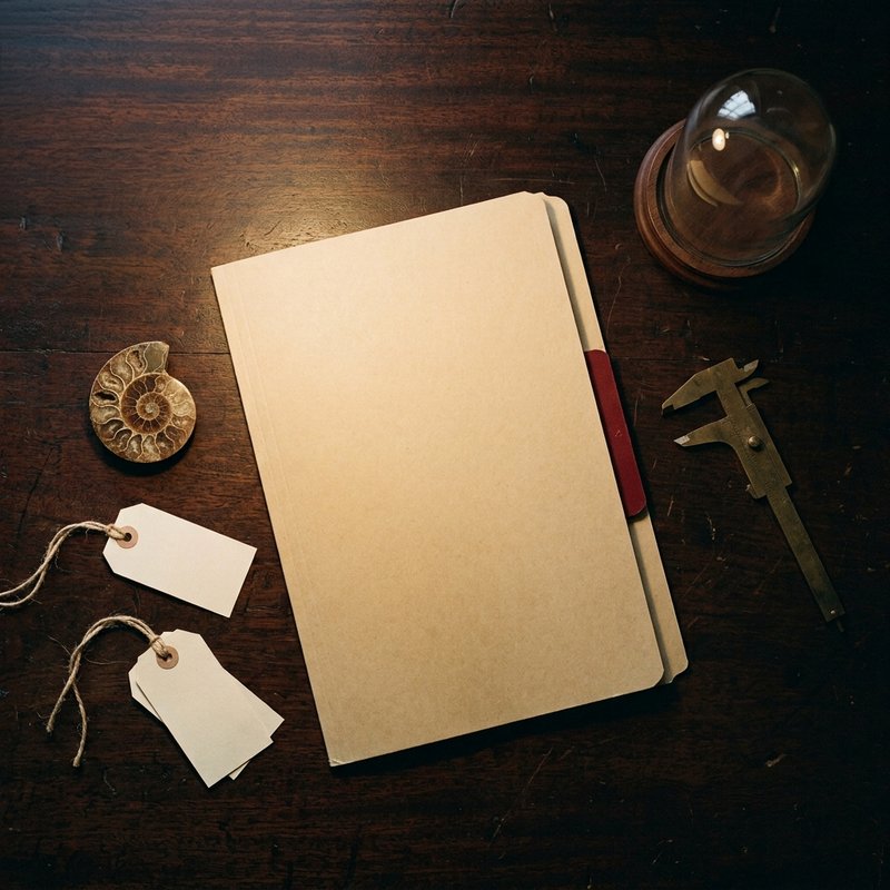 A plain manila folder on a museum work table beside an ammonite fossil, blank specimen tags, brass calipers and a glass bell dome.