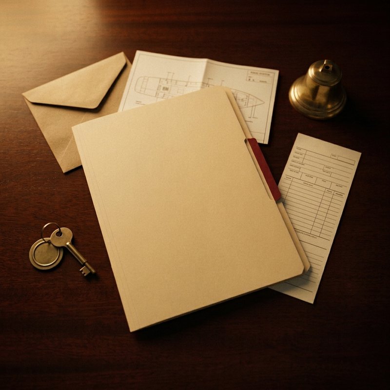 A plain manila folder on a mahogany writing table beside a brass cabin key, a folded deck plan, a message form and a ship’s bell.