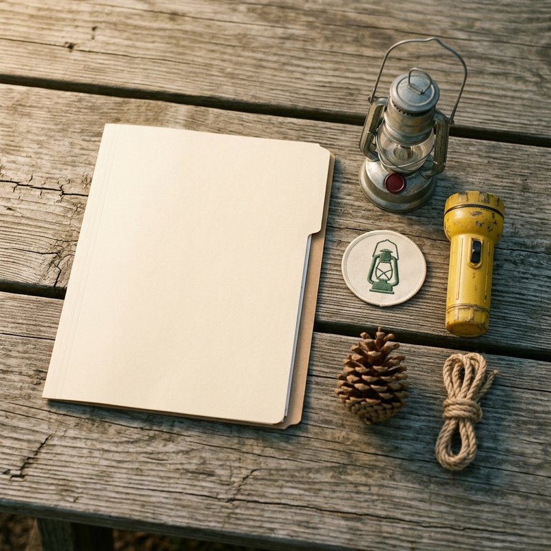 A plain manila folder on a picnic table beside a tin lantern, a cloth badge, a yellow flashlight, a pinecone and rope.