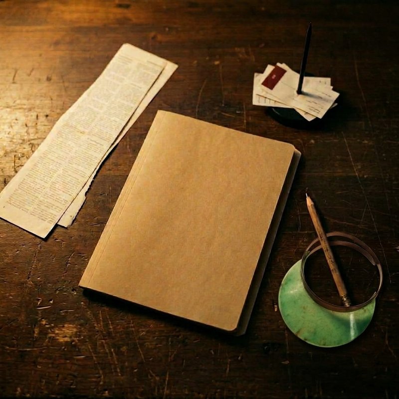 A plain manila folder on a newsroom desk beside a galley proof, a copy pencil, a paper spike and a green eyeshade.