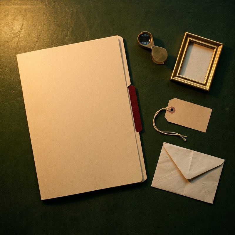 A plain manila folder on a green leather desk beside a jeweller’s loupe, an empty gilt frame, a pawn ticket and a telegram envelope.