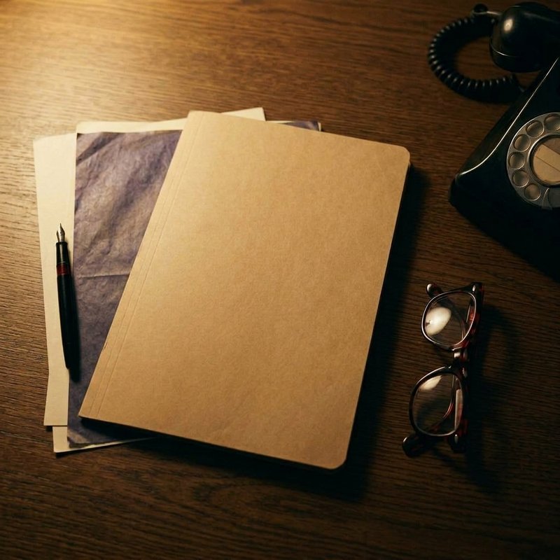 A plain manila folder on an oak desk beside a fountain pen, carbon paper, folded horn-rimmed spectacles and a rotary telephone.